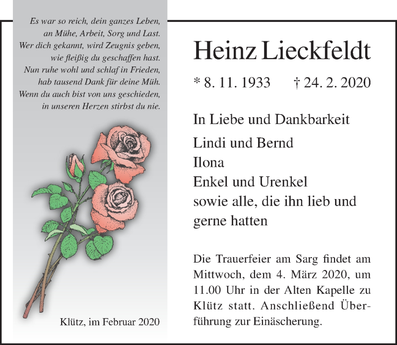  Traueranzeige für Heinz Lieckfeldt vom 28.02.2020 aus Ostsee-Zeitung GmbH