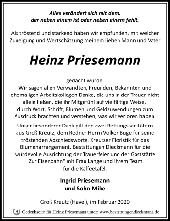 Traueranzeige von Heinz Priesemann von Märkischen Allgemeine Zeitung