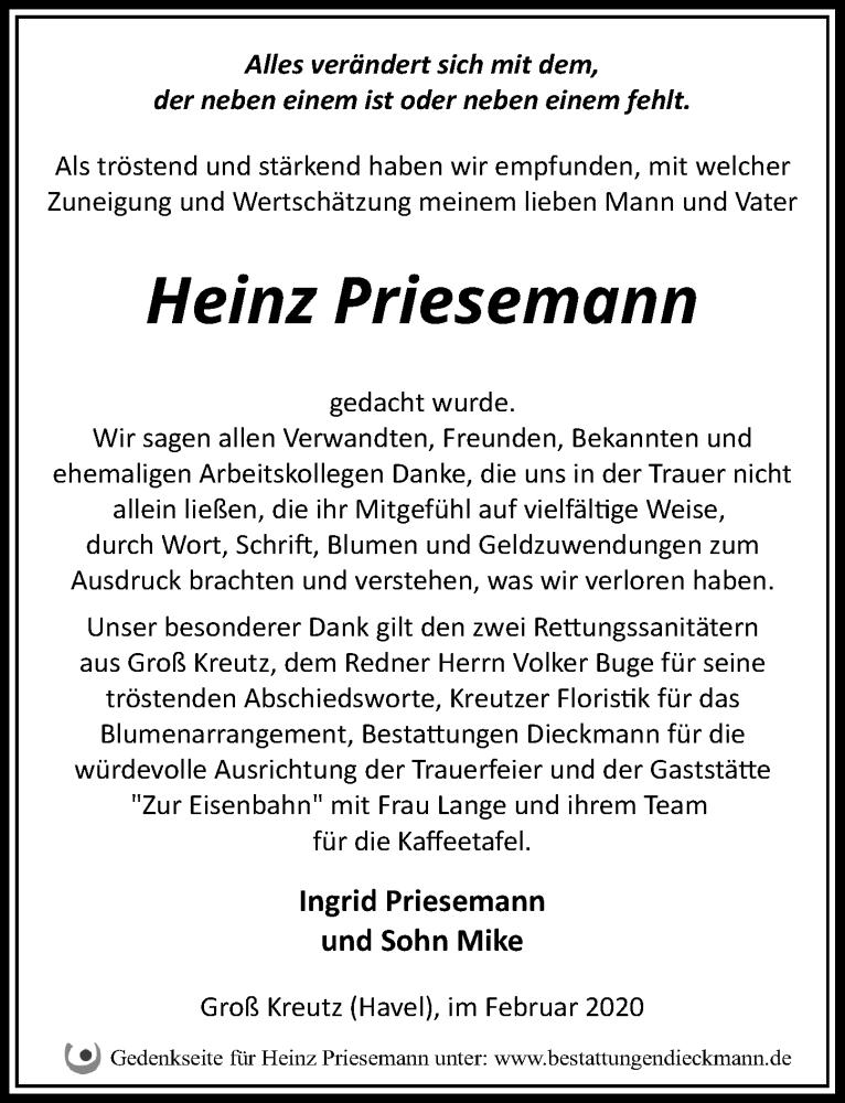  Traueranzeige für Heinz Priesemann vom 22.02.2020 aus Märkischen Allgemeine Zeitung