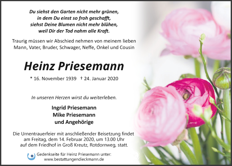  Traueranzeige für Heinz Priesemann vom 01.02.2020 aus Märkischen Allgemeine Zeitung