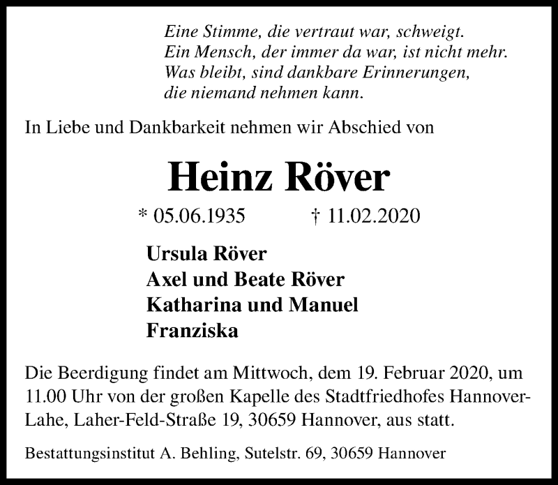  Traueranzeige für Heinz Röver vom 15.02.2020 aus Hannoversche Allgemeine Zeitung/Neue Presse