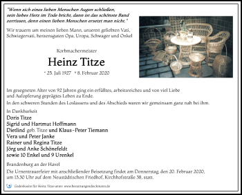 Traueranzeige von Heinz Titze von Märkischen Allgemeine Zeitung