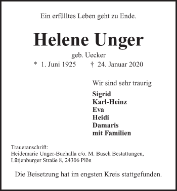 Traueranzeige von Helene Unger von Kieler Nachrichten