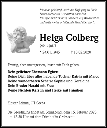 Traueranzeige von Helga Colberg von Märkischen Allgemeine Zeitung
