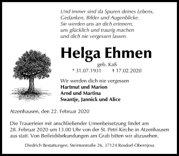 Traueranzeige von Helga Ehmen von Göttinger Tageblatt