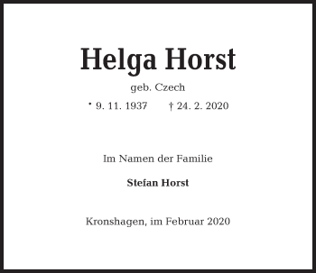Traueranzeige von Helga Horst von Kieler Nachrichten
