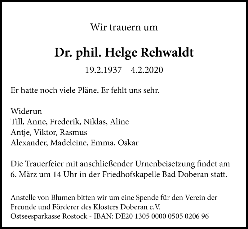  Traueranzeige für Helge Rehwaldt vom 08.02.2020 aus Ostsee-Zeitung GmbH