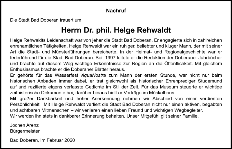  Traueranzeige für Helge Rehwaldt vom 15.02.2020 aus Ostsee-Zeitung GmbH