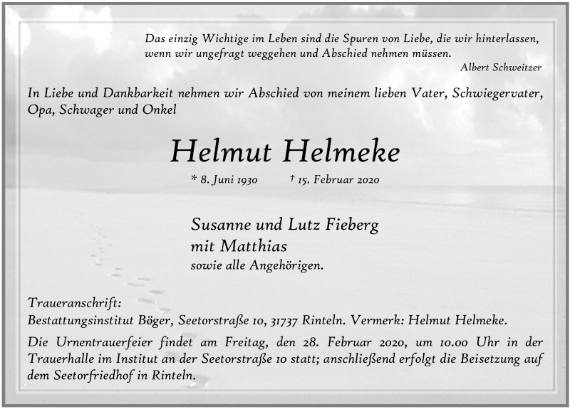  Traueranzeige für Helmut Helmeke vom 22.02.2020 aus Schaumburger Nachrichten