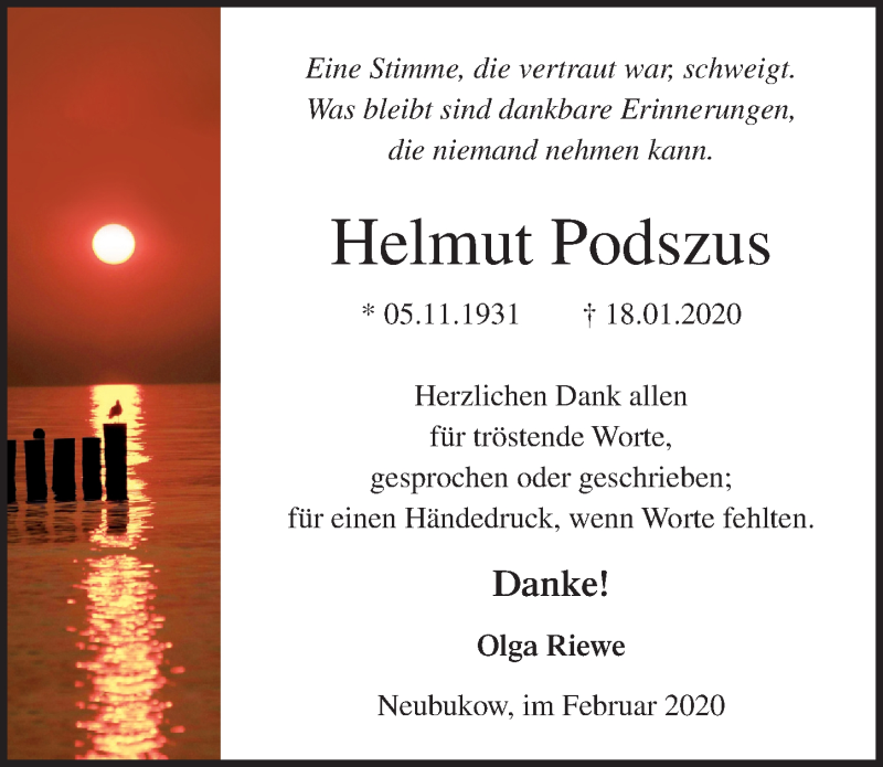  Traueranzeige für Helmut Podszus vom 22.02.2020 aus Ostsee-Zeitung GmbH