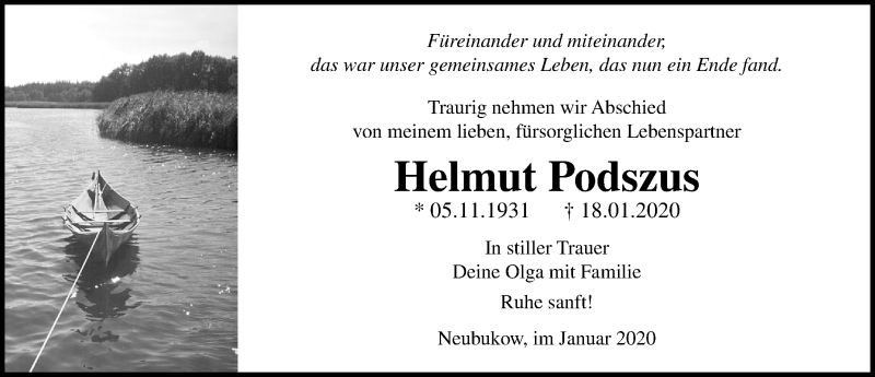  Traueranzeige für Helmut Podszus vom 01.02.2020 aus Ostsee-Zeitung GmbH