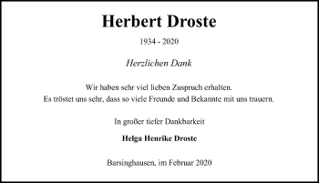 Traueranzeige von Herbert Droste von Hannoversche Allgemeine Zeitung/Neue Presse