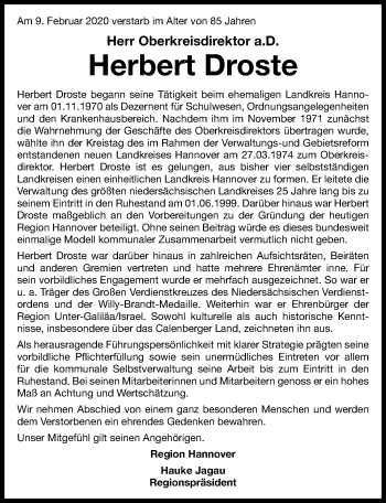 Traueranzeige von Herbert Droste von Hannoversche Allgemeine Zeitung/Neue Presse