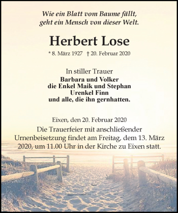 Traueranzeige von Herbert Lose von Ostsee-Zeitung GmbH