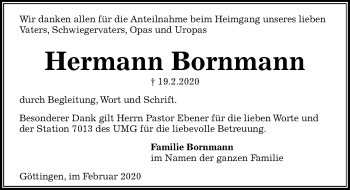 Traueranzeige von Hermann Bornmann von Göttinger Tageblatt