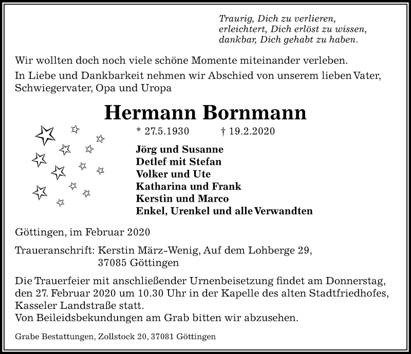  Traueranzeige für Hermann Bornmann vom 22.02.2020 aus Göttinger Tageblatt