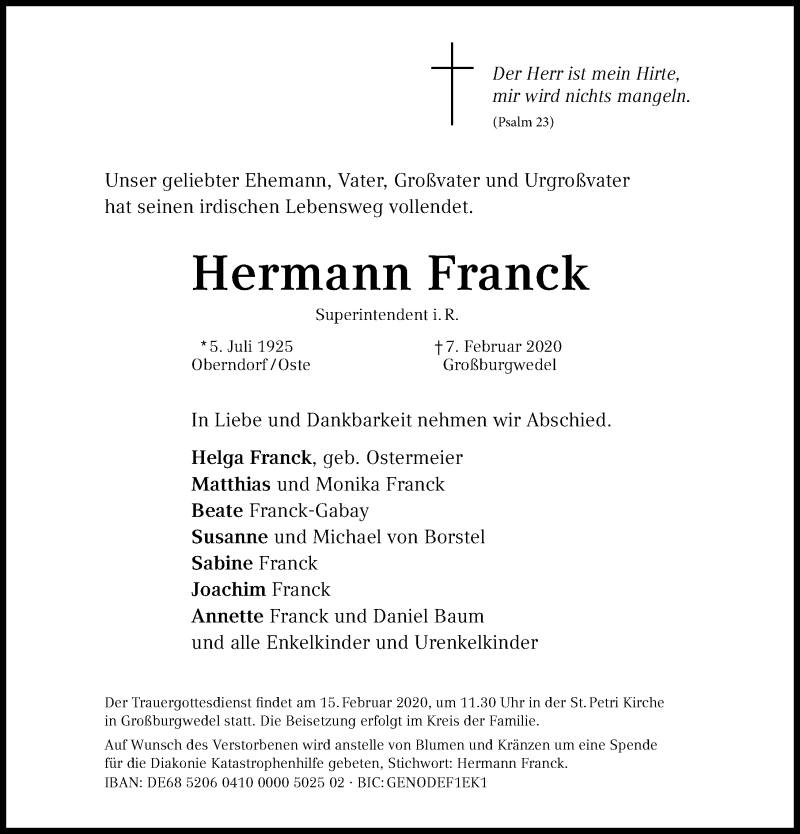  Traueranzeige für Hermann Franck vom 12.02.2020 aus Hannoversche Allgemeine Zeitung/Neue Presse
