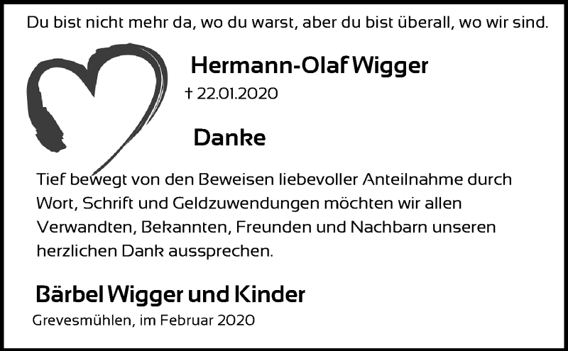  Traueranzeige für Hermann-Olaf Wigger vom 15.02.2020 aus Ostsee-Zeitung GmbH