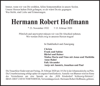 Traueranzeige von Hermann Robert Hoffmann von Kieler Nachrichten