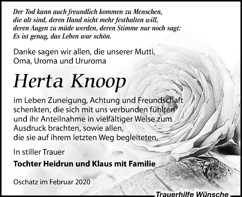  Traueranzeige für Herta Knoop vom 22.02.2020 aus Leipziger Volkszeitung