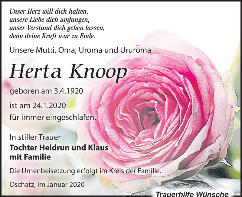  Traueranzeige für Herta Knoop vom 01.02.2020 aus Leipziger Volkszeitung