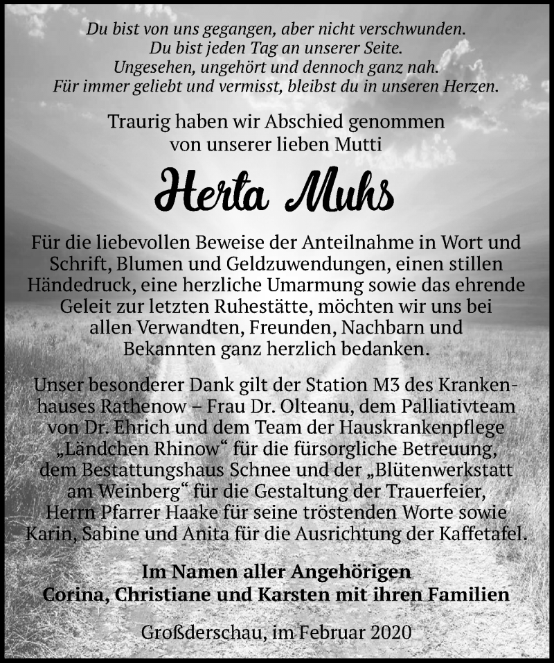  Traueranzeige für Herta Muhs vom 22.02.2020 aus Märkischen Allgemeine Zeitung
