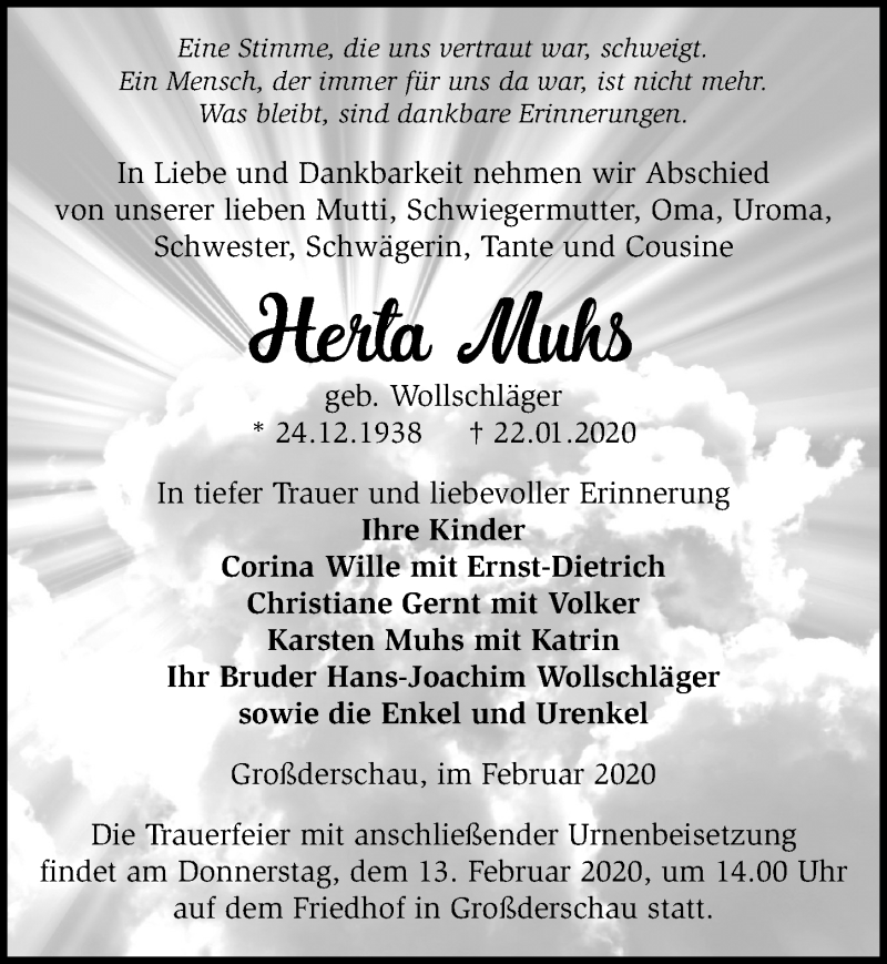  Traueranzeige für Herta Muhs vom 08.02.2020 aus Märkischen Allgemeine Zeitung
