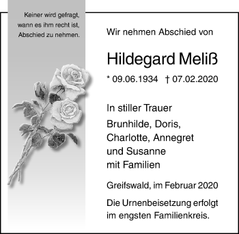 Traueranzeige von Hildegard Meliß von Ostsee-Zeitung GmbH