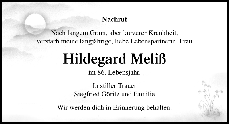  Traueranzeige für Hildegard Meliß vom 22.02.2020 aus Ostsee-Zeitung GmbH