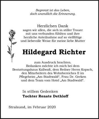 Traueranzeige von Hildegard Richter von Ostsee-Zeitung GmbH