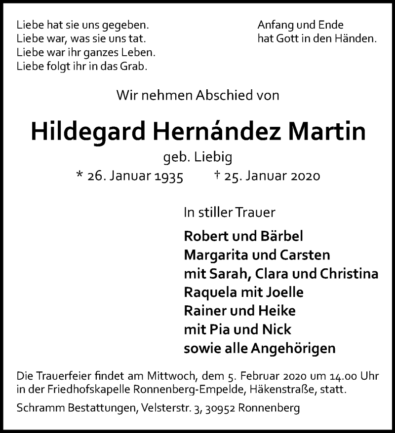  Traueranzeige für Hildegard Hernandez Martin vom 01.02.2020 aus Hannoversche Allgemeine Zeitung/Neue Presse