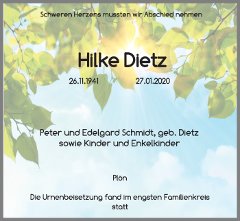 Traueranzeige von Hilke Dietz von Kieler Nachrichten