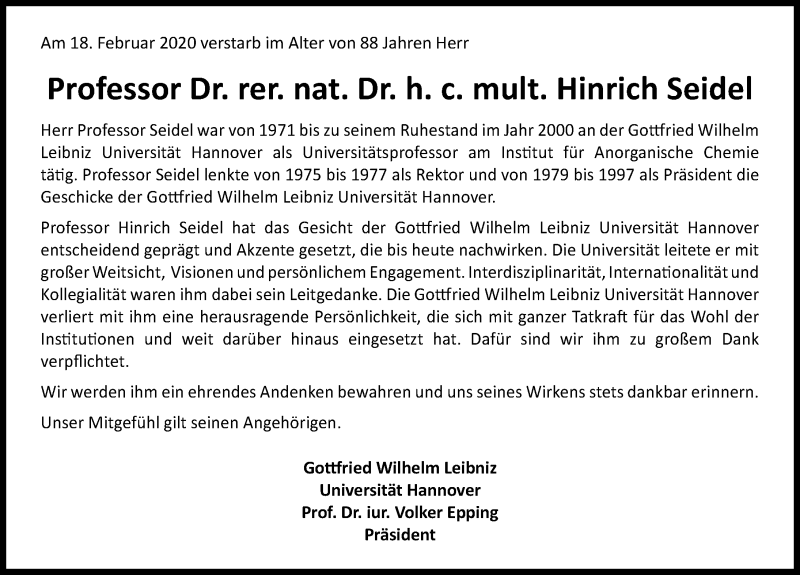  Traueranzeige für Hinrich Seidel vom 22.02.2020 aus Hannoversche Allgemeine Zeitung/Neue Presse