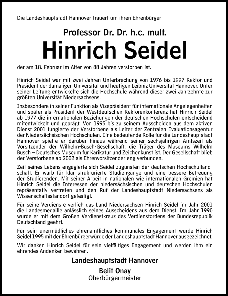  Traueranzeige für Hinrich Seidel vom 22.02.2020 aus Hannoversche Allgemeine Zeitung/Neue Presse