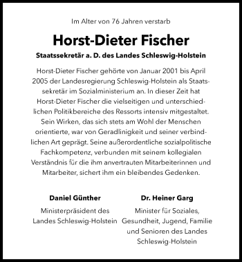 Traueranzeige von Horst-Dieter Fischer von Kieler Nachrichten