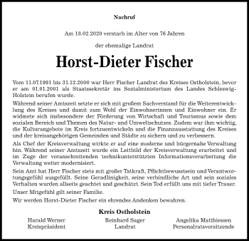 Traueranzeige von Horst-Dieter Fischer von Kieler Nachrichten