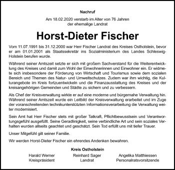Traueranzeige von Horst-Dieter Fischer von Lübecker Nachrichten