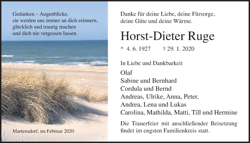  Traueranzeige für Horst-Dieter Ruge vom 15.02.2020 aus Ostsee-Zeitung GmbH