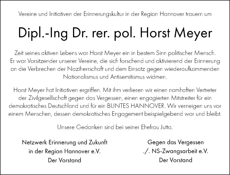  Traueranzeige für Horst Meyer vom 07.02.2020 aus Hannoversche Allgemeine Zeitung/Neue Presse