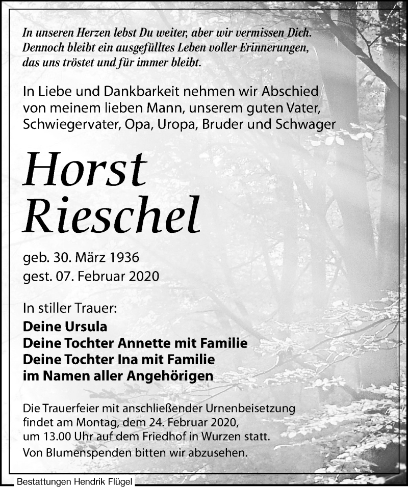  Traueranzeige für Horst Rieschel vom 15.02.2020 aus Leipziger Volkszeitung
