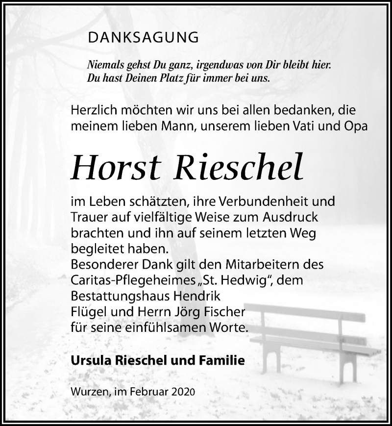  Traueranzeige für Horst Rieschel vom 29.02.2020 aus Leipziger Volkszeitung