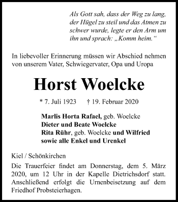 Traueranzeige von Horst Woelcke von Kieler Nachrichten