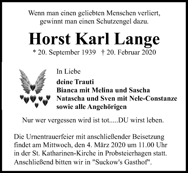  Traueranzeige für Horst Karl Lange vom 29.02.2020 aus Kieler Nachrichten