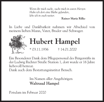Traueranzeige von Hubert Hampel von Märkischen Allgemeine Zeitung
