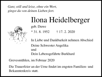 Traueranzeige von Ilona Heidelberger von Ostsee-Zeitung GmbH