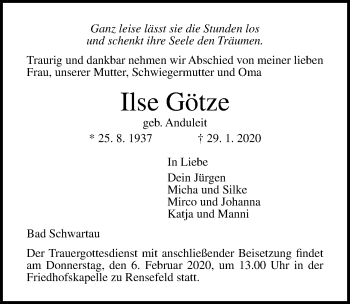 Traueranzeige von Ilse Götze von Lübecker Nachrichten