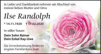Traueranzeige von Ilse Randolph von Leipziger Volkszeitung
