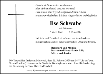 Traueranzeige von Ilse Schwabe von Hannoversche Allgemeine Zeitung/Neue Presse