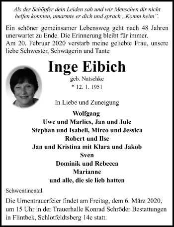 Traueranzeige von Inge Eibich von Kieler Nachrichten