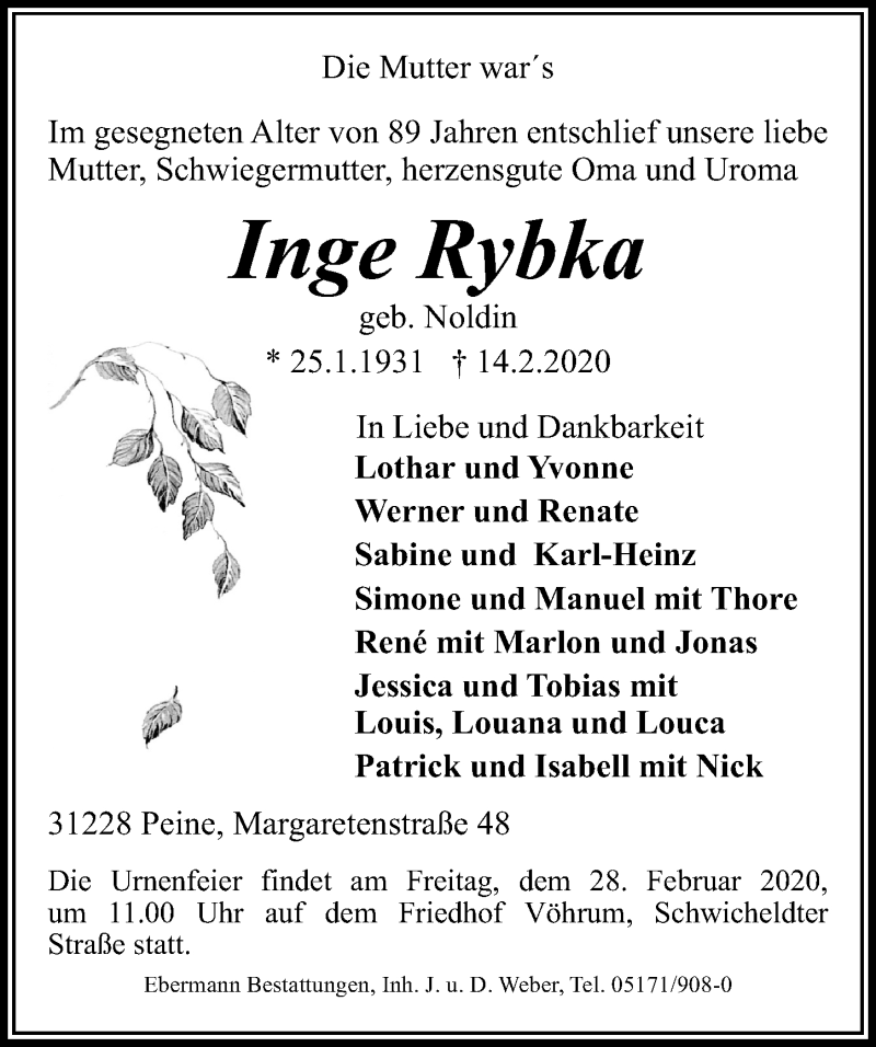  Traueranzeige für Inge Rybka vom 21.02.2020 aus Peiner Allgemeine Zeitung
